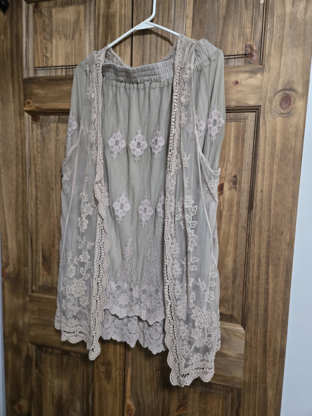 indigo soul 2 piece set Sleeveless Embroidered Tunic in Taupe and matching skirt